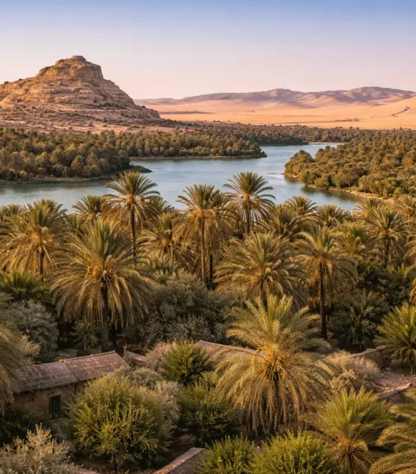 Turquoise salt lake surrounded by palm trees and desert scenery in Siwa Oasis, Egypt