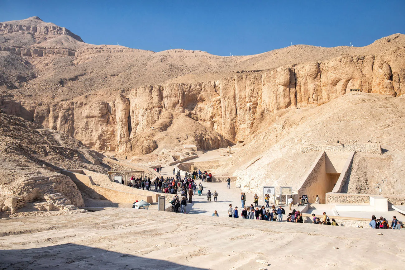 Wide view of the desert valley containing the royal tombs
